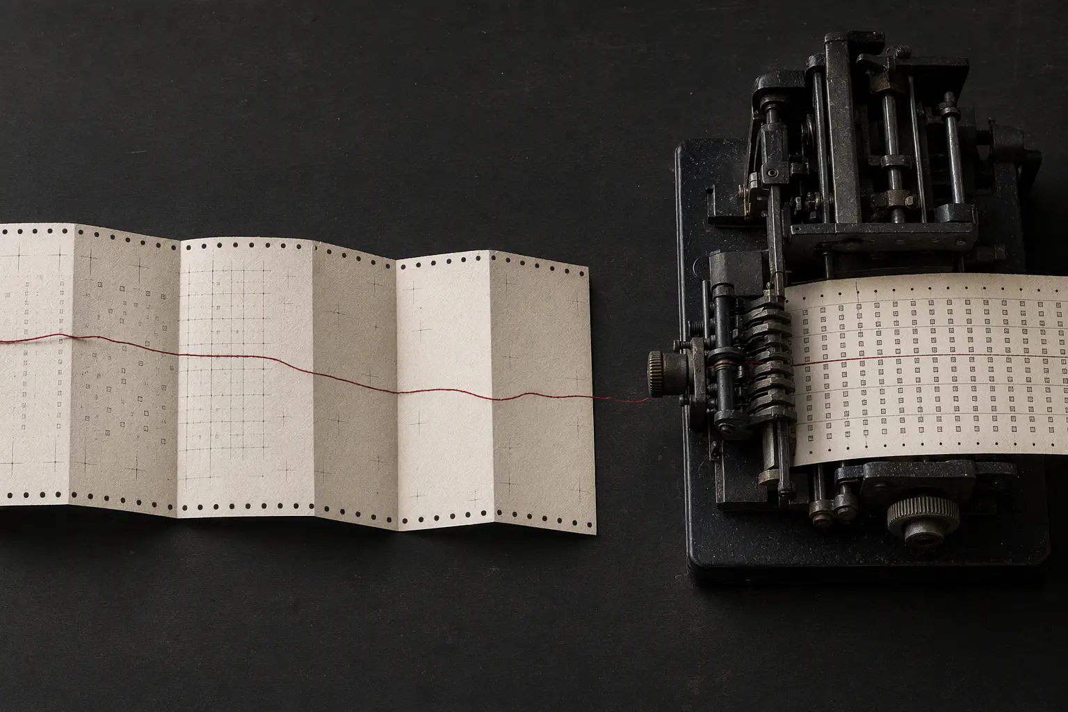A strip of gridded archival paper passes through a black mechanical typesetter, connected by a thin oxblood thread.